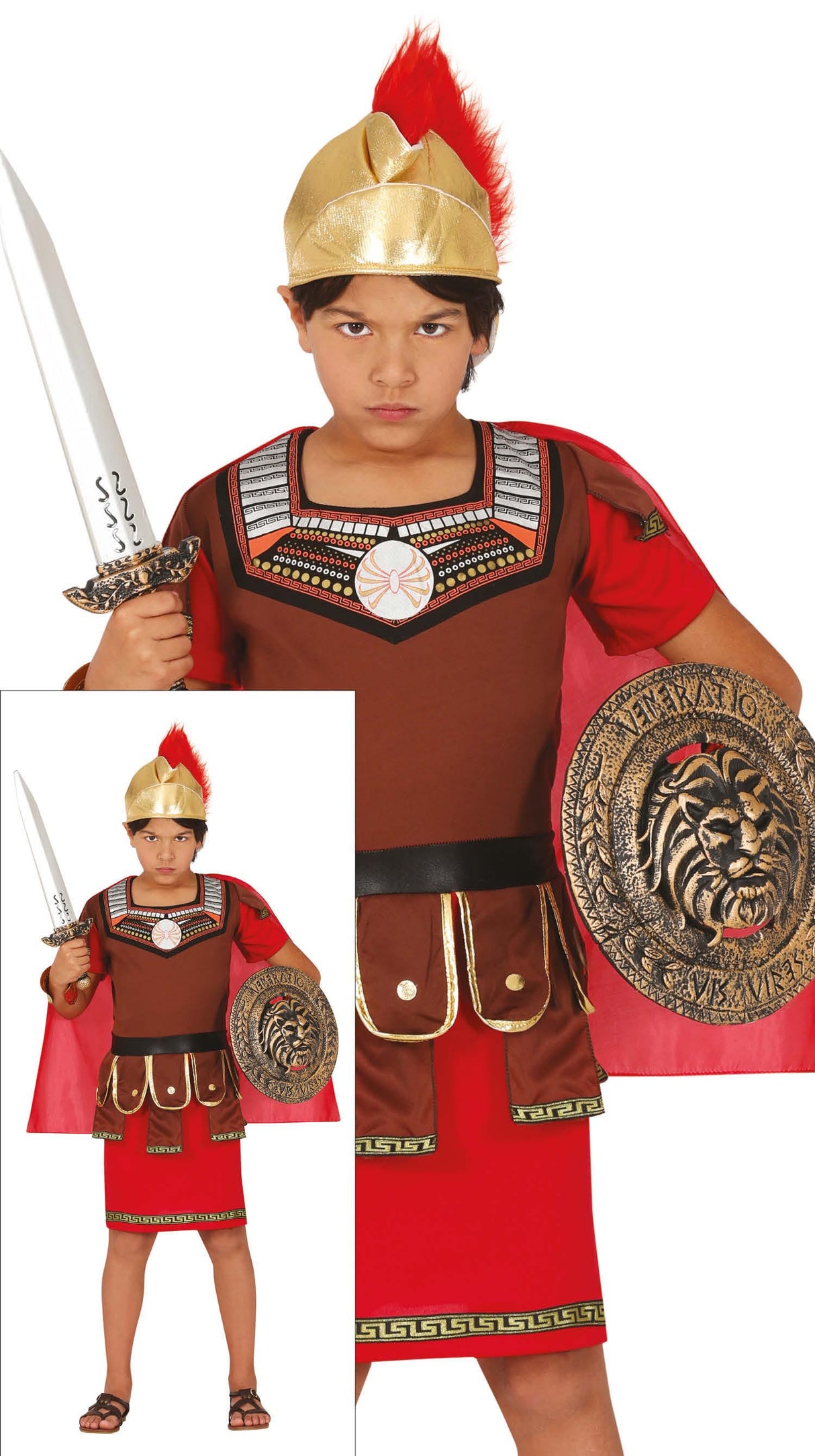 Roman centurion costume for boys ages 5 to 6, made of polyester in brown and red colors, ideal for kids' dress-up and historical role play.