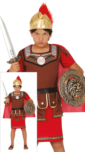 Roman centurion costume for boys ages 5 to 6, made of polyester in brown and red colors, ideal for kids' dress-up and historical role play.