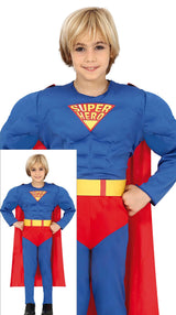 Children’s superhero costume in blue and red polyester for boys ages 10 to 12, perfect for dress-up and animation themes.