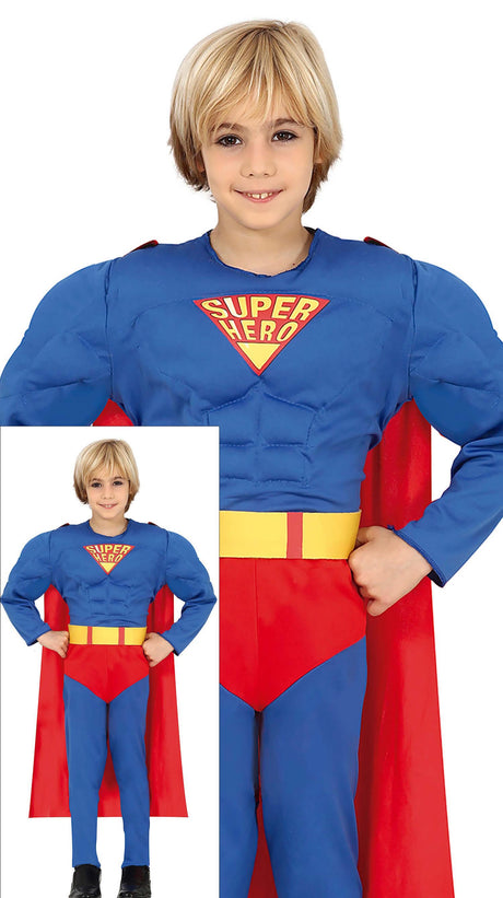 Children’s superhero costume in blue and red polyester for boys ages 10 to 12, perfect for dress-up and animation themes.