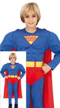 Children’s superhero costume in blue and red polyester for boys ages 10 to 12, perfect for dress-up and animation themes.