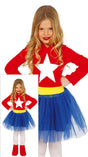 Girls superhero costume for ages 5 to 6 in red and blue polyester, perfect for children's superhero and animation themed dress-up.