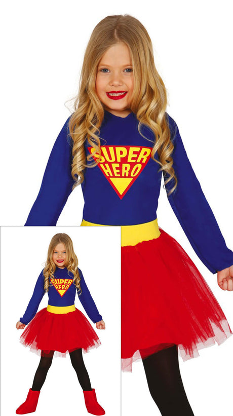 Girls superhero costume for ages 5 to 6 in blue and red polyester, perfect for children's superhero dress-up and animation-themed parties.