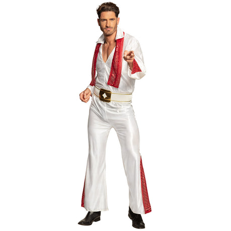 Adult men's Rock 'n Roll star costume in size 50/52, 100% polyester, inspired by 1950s fashion, ideal for themed parties and events.