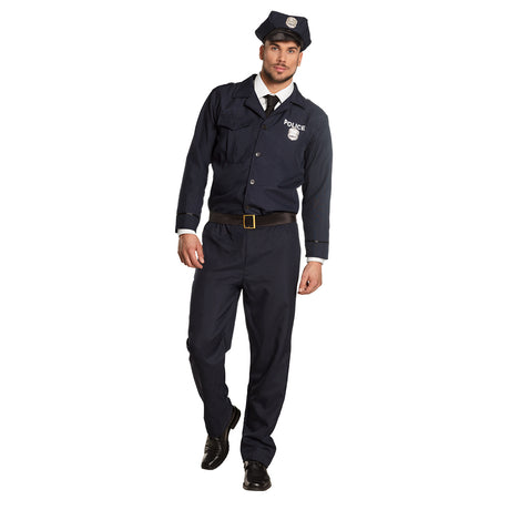 Adult men's police officer costume in size 50/52 made of 100% polyester, ideal for adult dress-up or themed events.