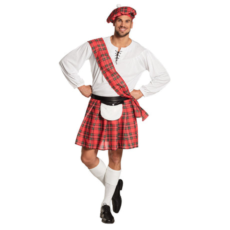 Adult Scottish costume for men in size 50/52, made of 100% polyester, displayed on hanger in garment bag, ideal for themed parties or events.