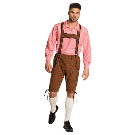 Adult men's Werner costume size 50/52 made of 100% polyester, ideal for beer festival celebrations, displayed on a hanger in a garment bag.