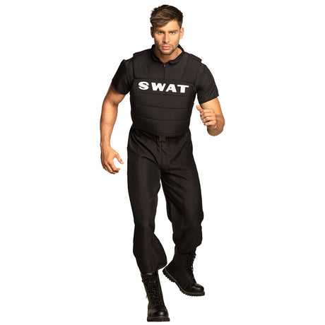 Adult SWAT officer costume for men, size 50/52, made of 100% polyester, ideal for police-themed parties and events.