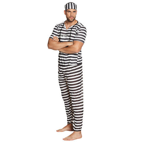 Adult men's prisoner costume in medium/large size, 100% polyester, ideal for police and SWAT themed parties or events.