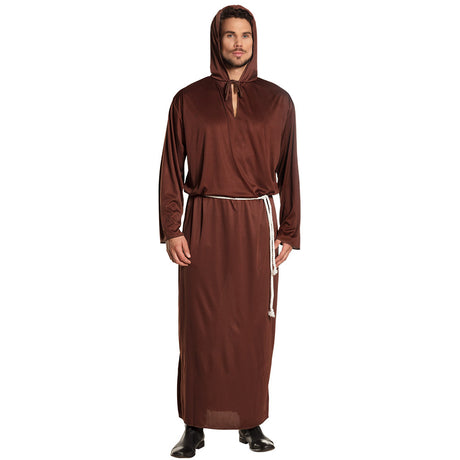 Adult monk costume for men in medium or large size, made of 100% polyester, ideal for religious themed events or parties.
