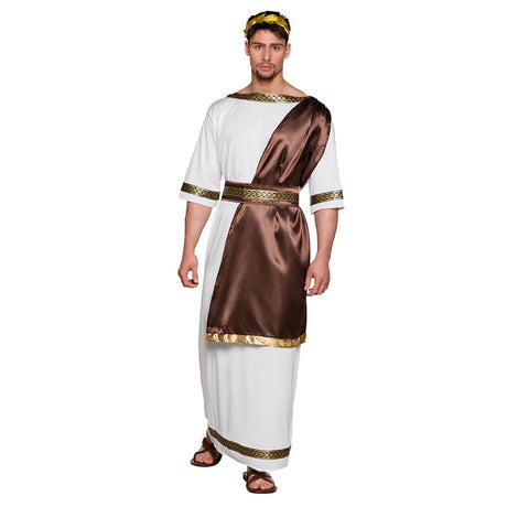 Adult Zeus costume for men in medium or large size, Roman and Greek themed, made of 100% polyester, ideal for adult costume parties or historical reenactments.