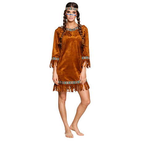 Adult women's medium young deer costume made of 100% polyester, ideal for themed parties or Native American group costumes.
