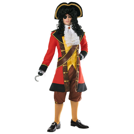 Adult men's Captain Lakehoff pirate costume in medium or large size, made of 100% polyester, ideal for themed parties or events.