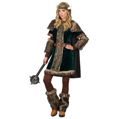 Adult women's Viking Helga costume in medium or large size, made of 100% polyester, ideal for historical or themed events.