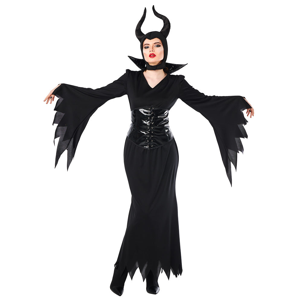 Teen Evil Queen costume for girls ages 14-16, 100% polyester, perfect for Halloween, fairy tale, or demon and angel themed parties.