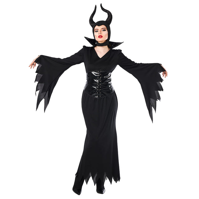 Teen Evil Queen costume for girls ages 14-16, 100% polyester, perfect for Halloween, fairy tale, or demon and angel themed parties.