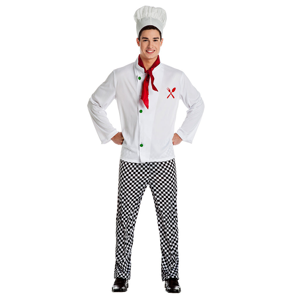 Adult chef costume for men in size M/L made of 100% polyester, ideal for adult costume parties or themed events.
