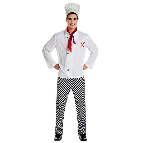 Adult chef costume for men in size M/L made of 100% polyester, ideal for adult costume parties or themed events.