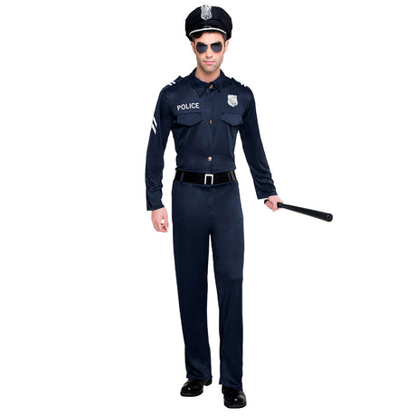 Adult men's police officer Bobby costume in size small, 100% polyester, ideal for themed parties or events.