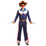 Adult men's Western cowboy costume in medium or large size, 100% polyester, ideal for themed parties or events.