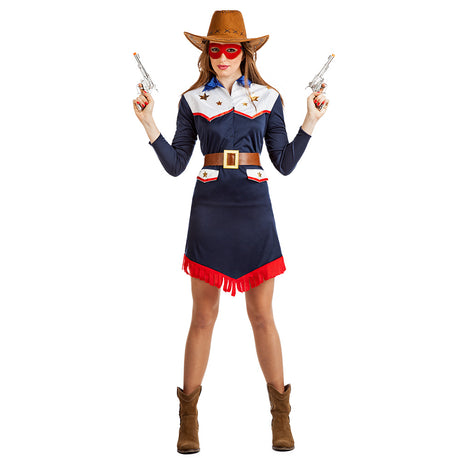 Adult women's cowgirl costume in medium/large size, Western-themed outfit made of 100% polyester, ideal for parties or events.