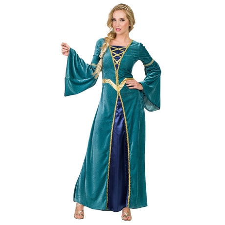 Adult Lady Margaret medieval costume in size small, made of 100% polyester, ideal for women attending historical reenactments or themed events.