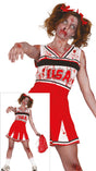 Adult women's red and white polyester cheerleader costume for Halloween with sporty zombie theme.