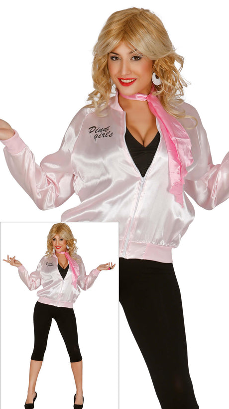 Women's 50s costume in size large 42-44, metallic pink polyester, retro adult dress ideal for 1950s themed parties.