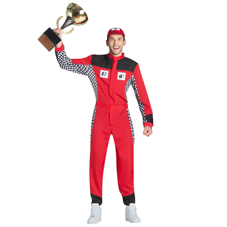 Adult men's racing champion costume in medium or large size, 100% polyester, ideal for race-themed parties or events.