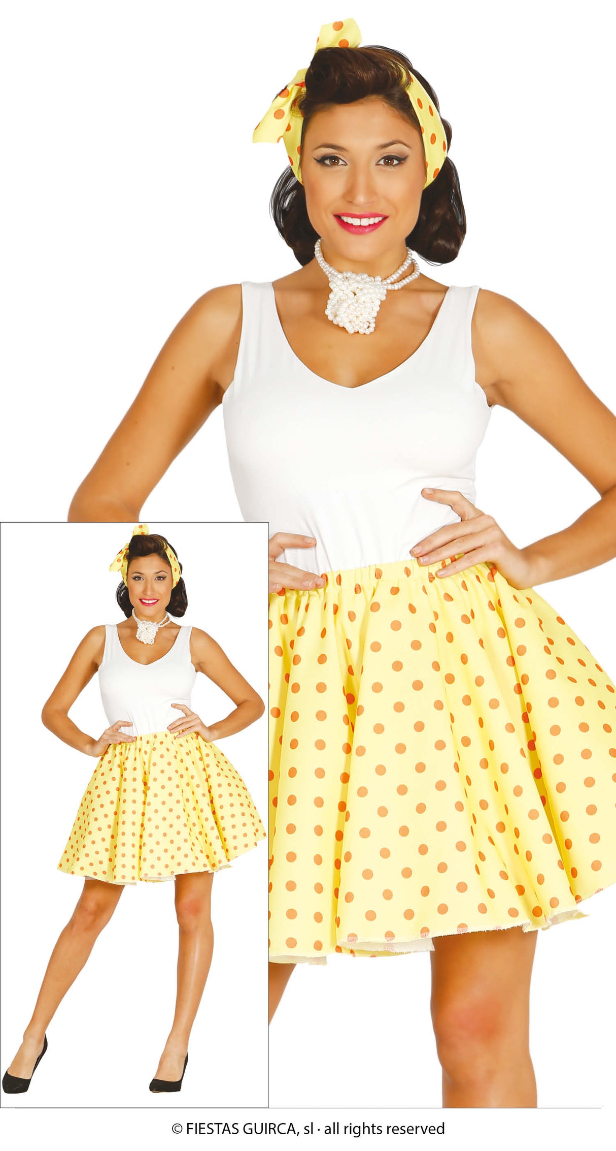 Yellow 50s pin-up costume for women size L 42-44, polyester material, perfect for adult retro dress-up or themed parties.