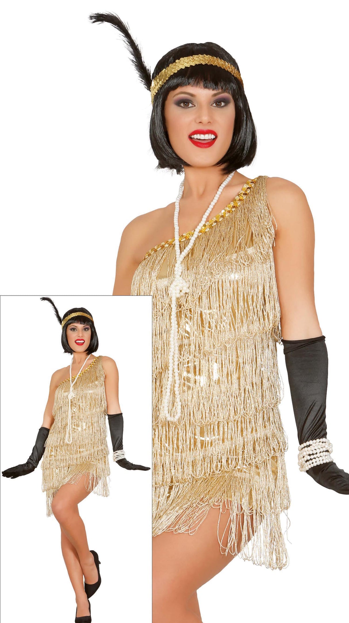 Gold 1920s Charleston flapper dress costume for adult women, polyester material, perfect for themed parties and vintage events.