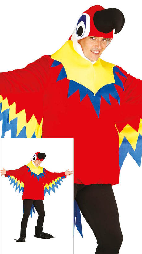Large multicolored parrot costume for adult men made of polyester, animal theme, ideal for parties and events.