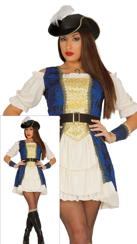 Women's pirate costume in beige and blue polyester, adult size 38/40, ideal for pirate-themed parties and events.