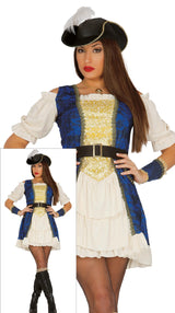 Women's pirate costume size large in beige and blue polyester, adult fancy dress outfit for pirate theme parties.