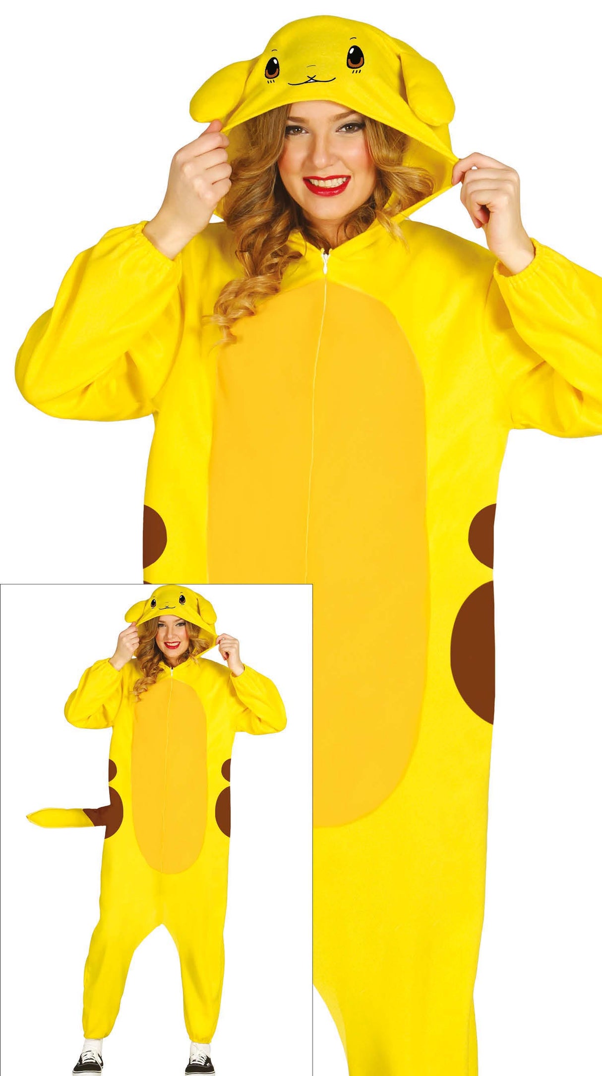 Adult unisex chinchilla costume in size large, made of polyester with yellow and brown colors, inspired by video games and animals.