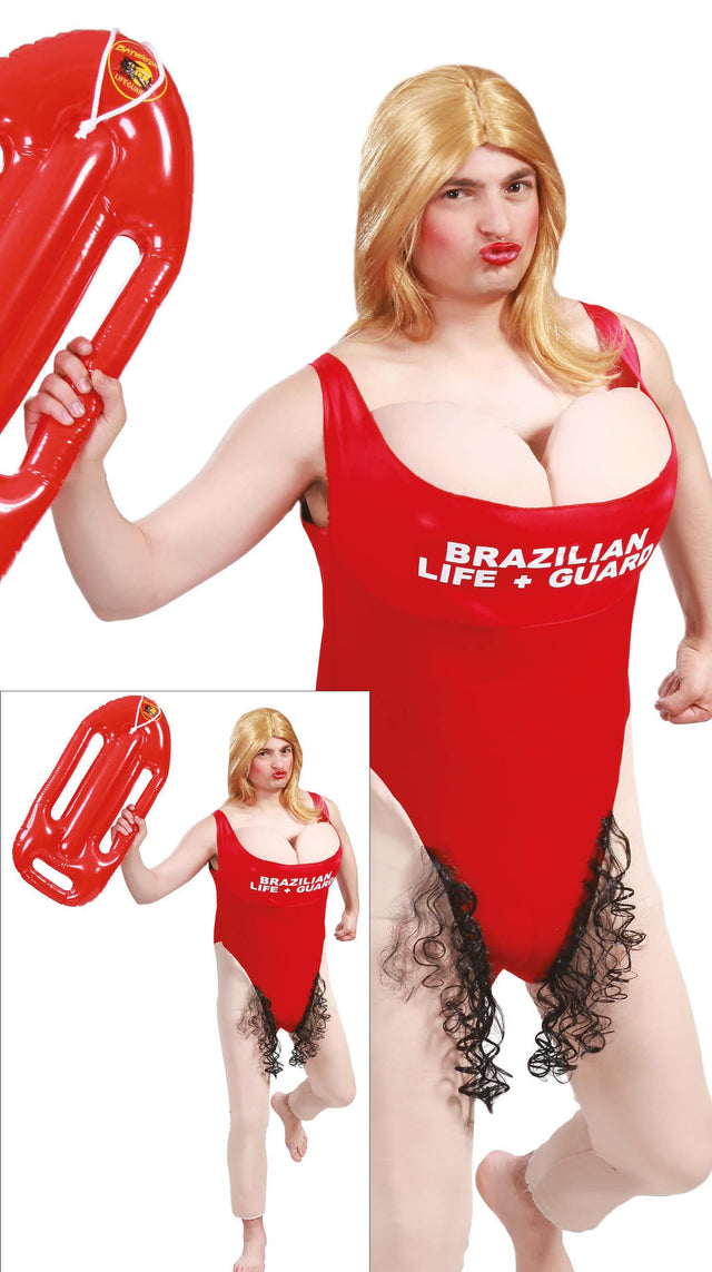 Adult men's beach lifeguard costume size M with red and straw colors, synthetic hair and polyester materials, ideal for bachelor party or sports-themed events.