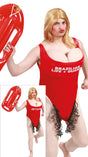 Adult men's beach lifeguard costume size M with red and straw colors, synthetic hair and polyester materials, ideal for bachelor party or sports-themed events.