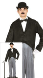 Men's 1920s clown costume in medium size, black and gray polyester, ideal for adult fancy dress parties or themed events.