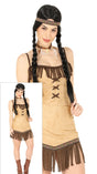 Women's Native American inspired costume in size large, made of brown and beige polyester, ideal for adult dress-up and themed parties.