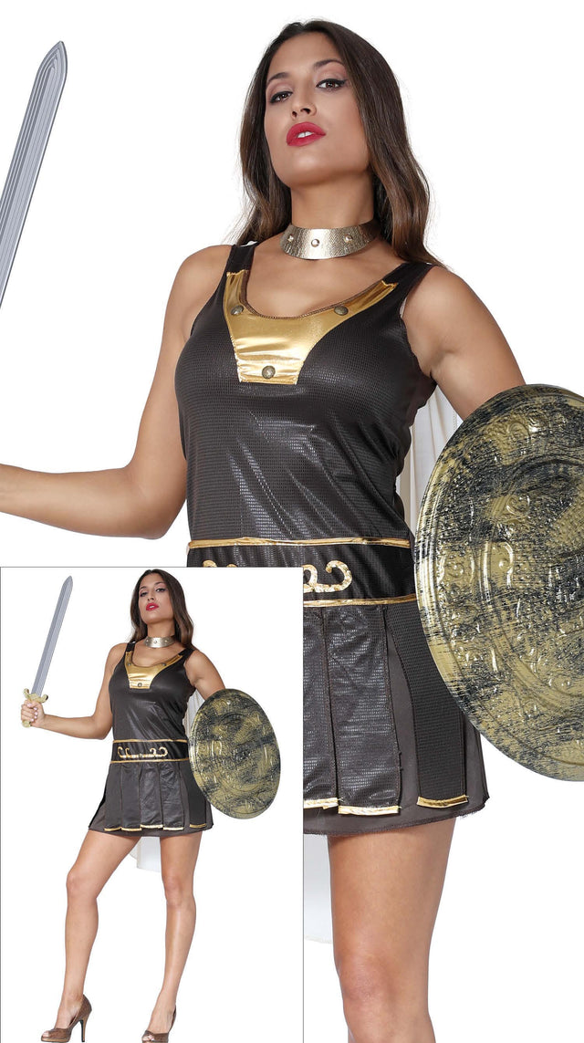 Women's Roman and Greek costume in small size, brown and gold polyester, ideal for adult dress-up and themed parties.