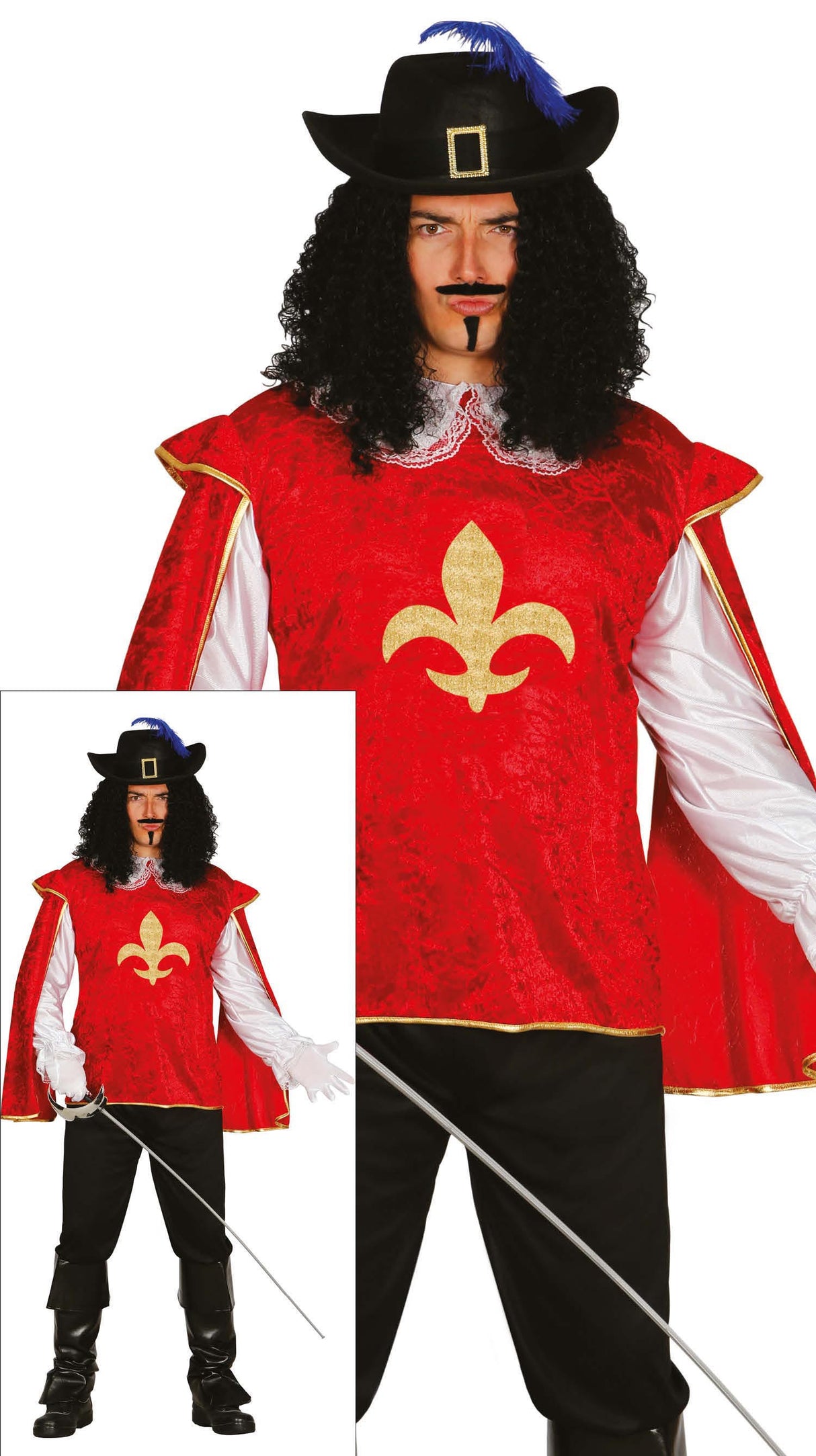 Men's medium size musketeer costume in black and red polyester, adult bandit and musketeer themed outfit.