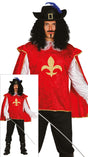 Men's medium size musketeer costume in black and red polyester, adult bandit and musketeer themed outfit.