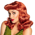 Red pin-up wig for women made of 100% polyester, adult size, displayed in a box.