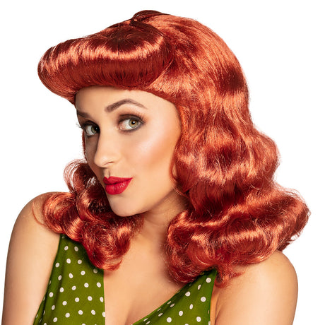 Red pin-up wig for women made of 100% polyester, adult size, displayed in a box.