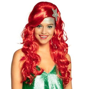 Red mermaid wig for women with starfish accessory, 100% polyester, adult costume, packaged in a box.