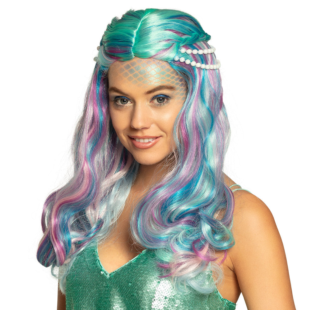 Sea pearl mermaid wig for women with decorative pearls, made from 100% polypropylene, adult size, displayed in a box.