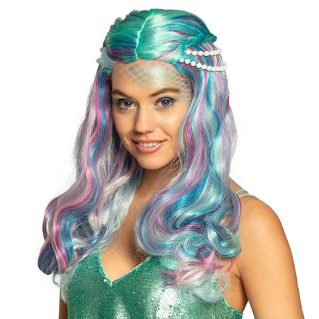 Sea pearl mermaid wig for women with decorative pearls, made from 100% polypropylene, adult size, displayed in a box.
