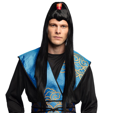 Black Samurai wig for men made of 100% polyester, adult size, packaged in a box, ideal for ninja costumes and cosplay.