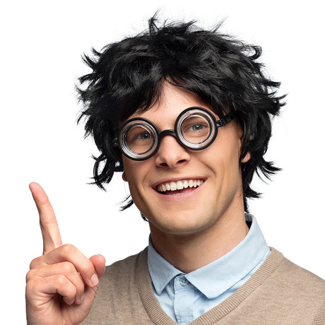 Black polyester nerd wig for men, adult costume accessory, packaged in a box.