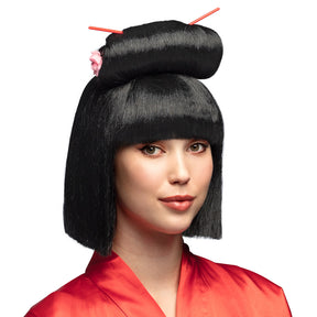 Black Maiko wig for women made of 100% polyester with included hair sticks, adult size, displayed in a box.